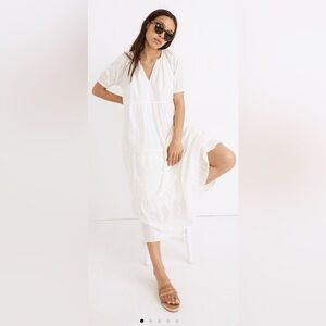 Madewell Cream Bubble-Sleeve Tiered Midi Dress In Textured Stripe Sz M